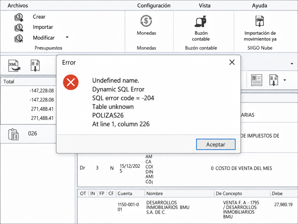Undefined name / Dynamic SQL Error en Aspel SAE: causas y solución